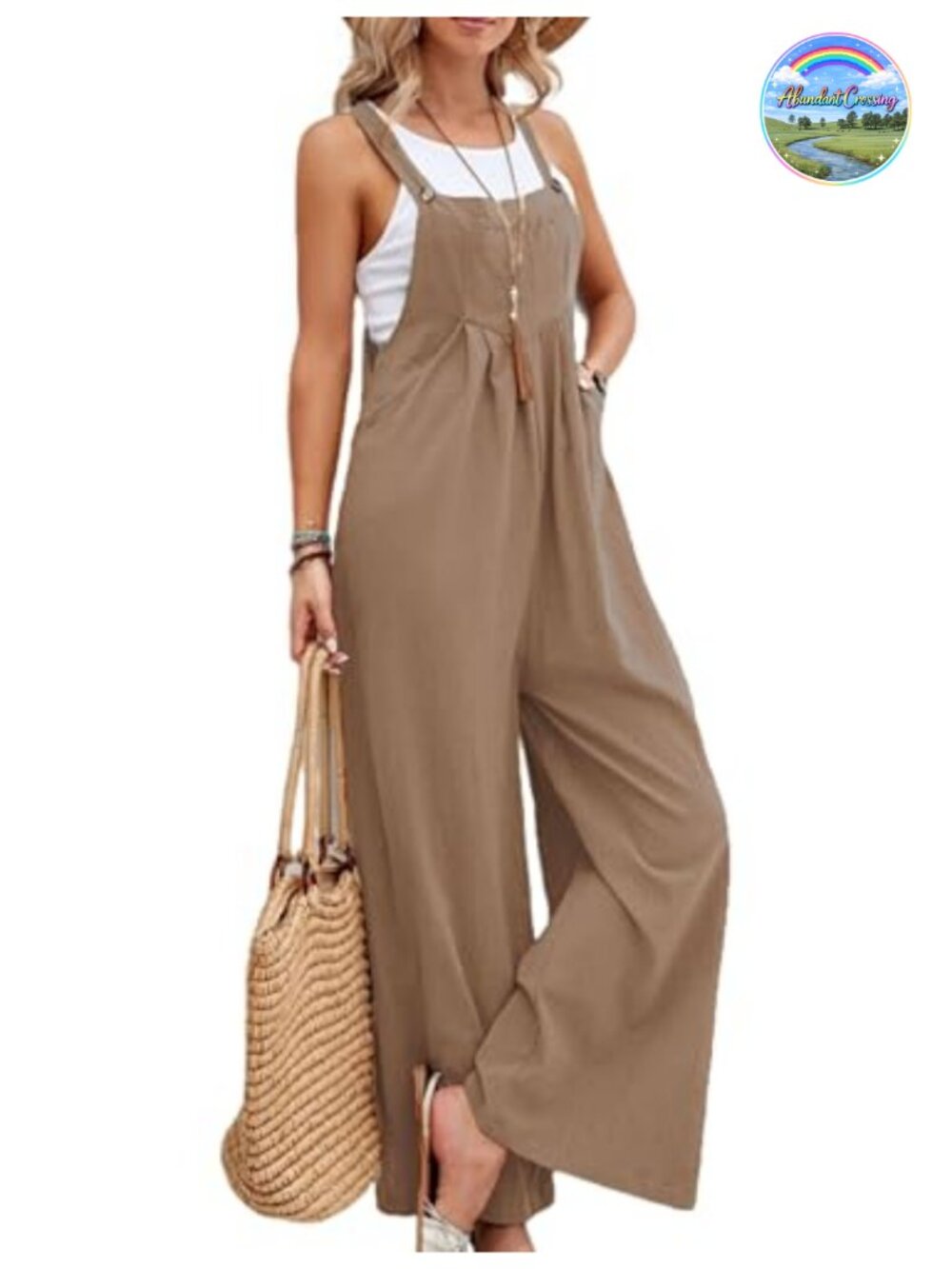 Zontroldy Cotton Linen Wide Leg Bib Overalls Button Strap Jumpsuit